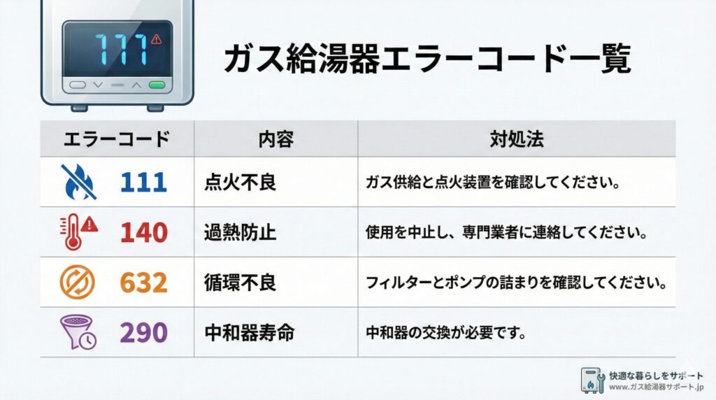 ガス給湯器エラーコード一覧